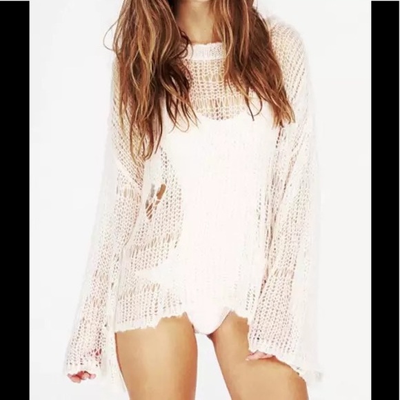 White Asymmetrical Cotton Knit Relaxed Sweater - Picture 5 of 5